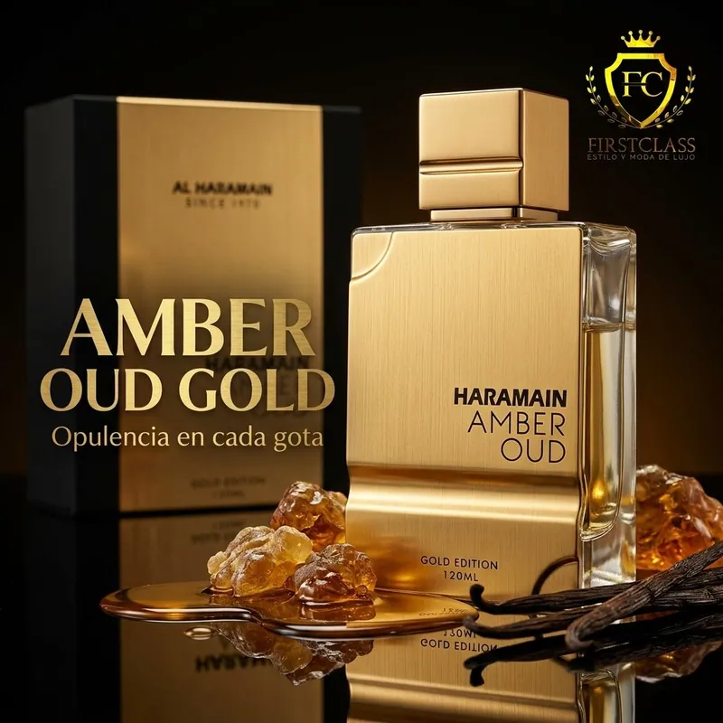 Fragancia inspirada en Amber Oud Gold, foto de FIRST CLASS