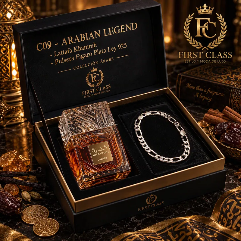 Set Arabian Legend de FIRST CLASS: Lattafa Khamrah y Pulsera Figaro en Plata Ley 925