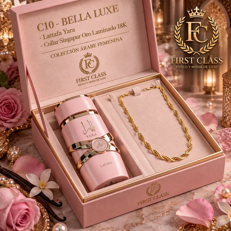 Set Bella Luxe de FIRST CLASS: Lattafa Yara y Collar Singapur en Oro Laminado 18K