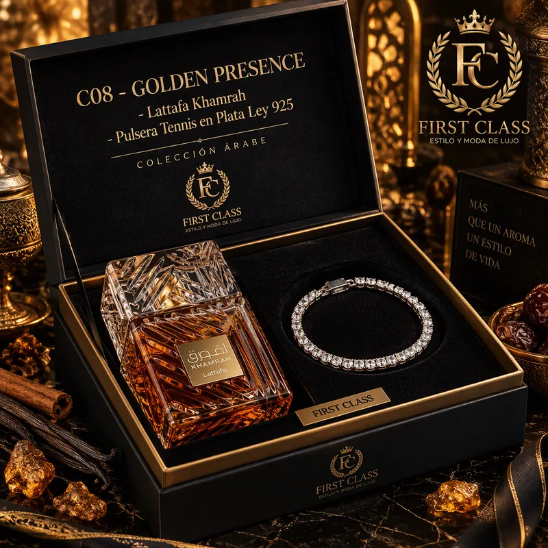 Set Golden Presence de FIRST CLASS: Lattafa Khamrah y Pulsera Tennis en Plata Ley 925