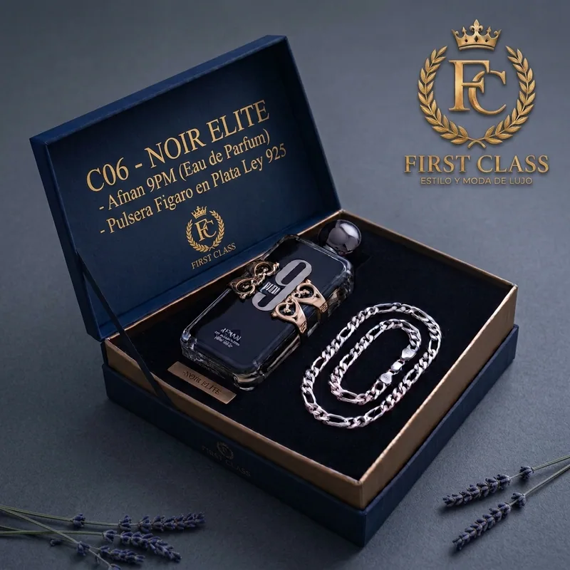 Set Noir Elite de FIRST CLASS: Afnan 9PM y Pulsera Figaro en Plata Ley 925