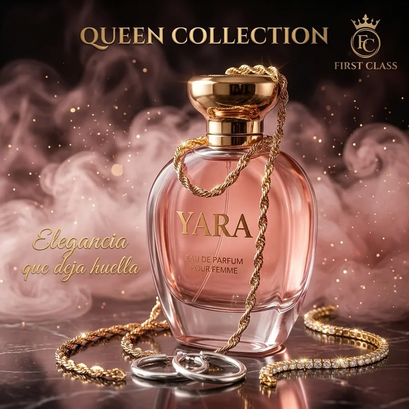 Set Queen Collection de FIRST CLASS: Lattafa Yara y Collar Singapur en Oro Laminado 18K y Pulsera Tennis en Oro Laminado 18K y Candongas en Plata Ley 925