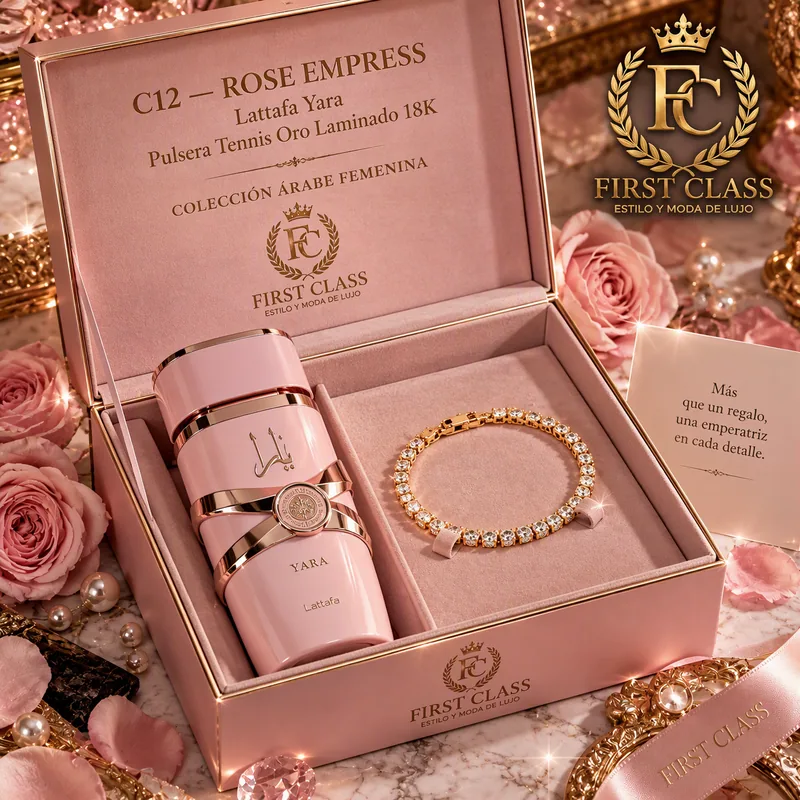Set Rose Empress de FIRST CLASS: Lattafa Yara y Pulsera Tennis en Oro Laminado 18K