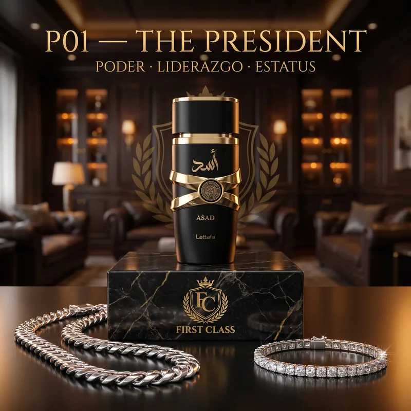 Set The President de FIRST CLASS: Lattafa Asad y Cadena Cubana en Plata Ley 925 y Pulsera Tennis en Plata Ley 925